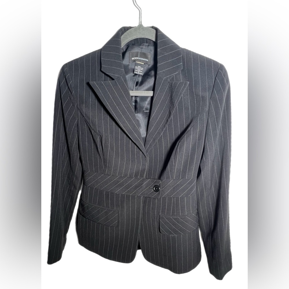 Moda International black pinstripe suit